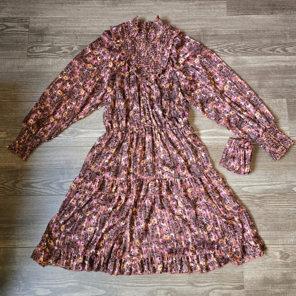 Angie Dress Womens L Red Floral Mock Neck Smocked Tiered Cottagecore Boho Chic
